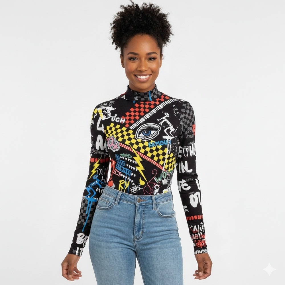 Nylon Apparel Womens Graffiti Doodle Famous Eye Mock Neck Art to Wear Bodysuit M
